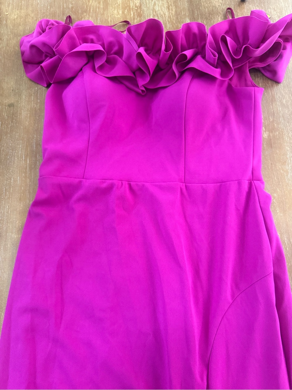 Xscape Women’s Petite Fuchsia Ruffle Off-Shoulder Formal Dress